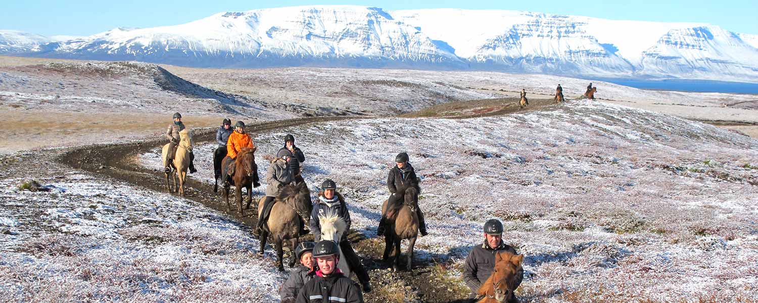 Ridsällskap som rider på islandhästar genom ett fantastiskt landskap med snötäckta berg på Island