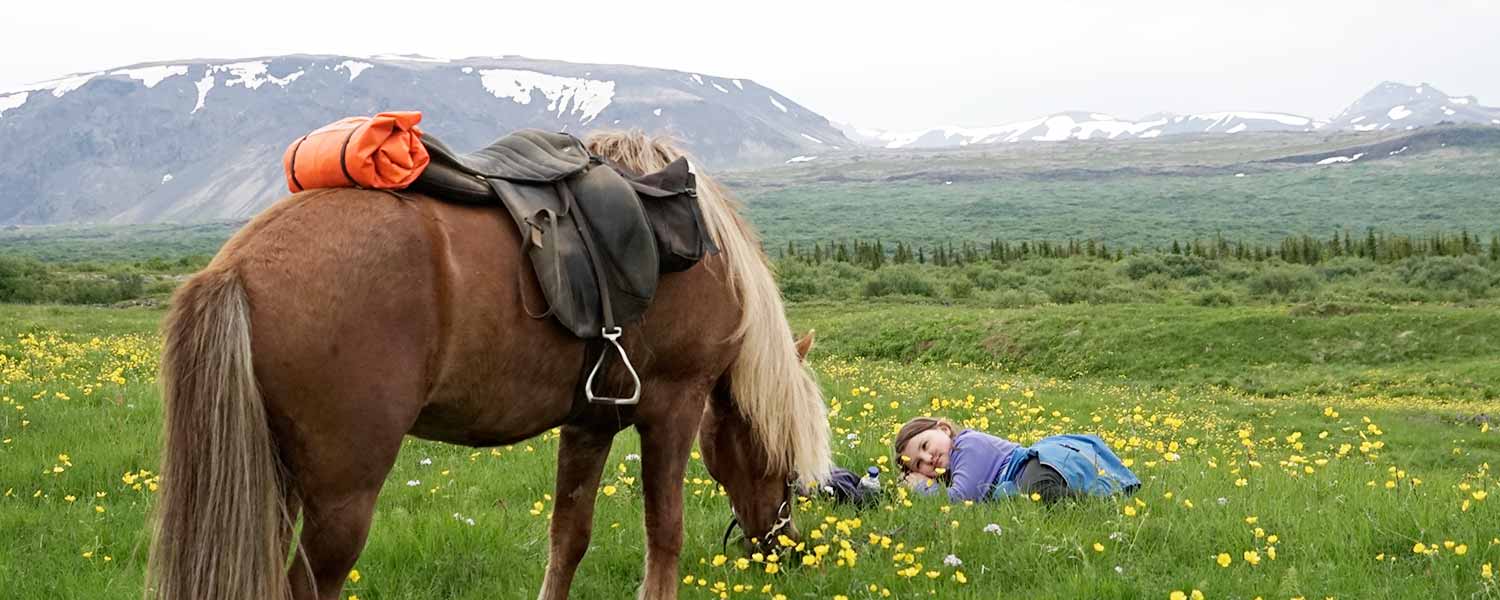 Ridresa med barn som myser med häst i gräset på Island
