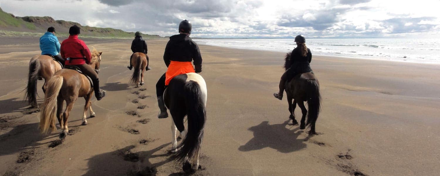 Rider i svart lavasand längs stranden vid havet på Island