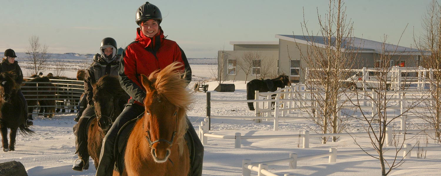 Rider islandshäst i vinterlandskap på Island